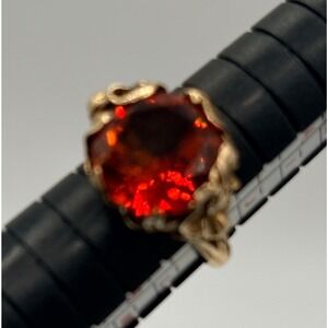 Vintage 14K Gold Strellman Ring Padparascha Orange Lab Created Sapphire Art Deco